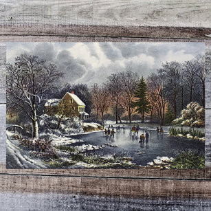 Vintage Christmas, Early Winter Skaters on Pond Poster