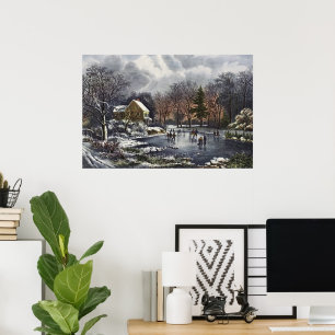 Vintage Christmas, Early Winter Skaters on Pond Poster