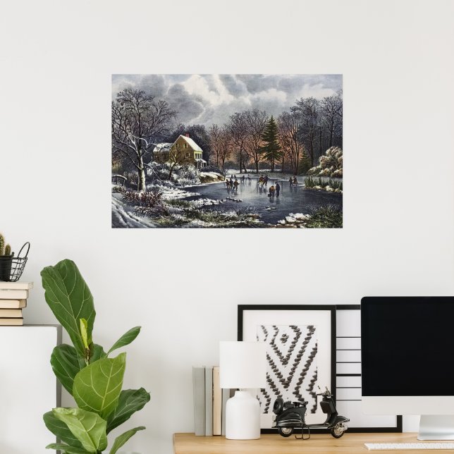 Vintage Christmas, Early Winter Skaters on Pond Poster (Home Office)