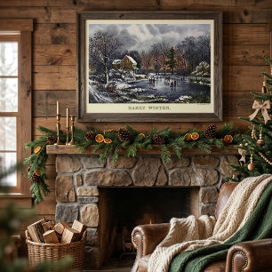 Vintage Christmas, Early Winter with Ice Skaters Poster