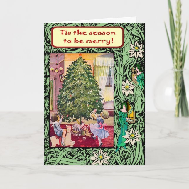 Vintage Christmas, Edwardian children Holiday Card (Front)