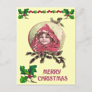 Vintage Christmas,  Edwardian Girl in a hood Holiday Postcard