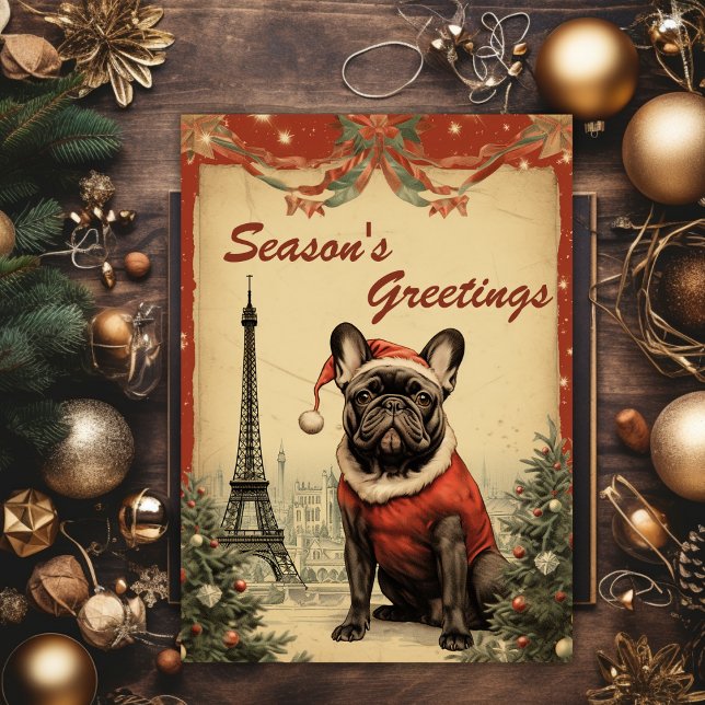 Vintage Christmas Eiffel Tower French Bulldog Holiday Card (Creator Uploaded)