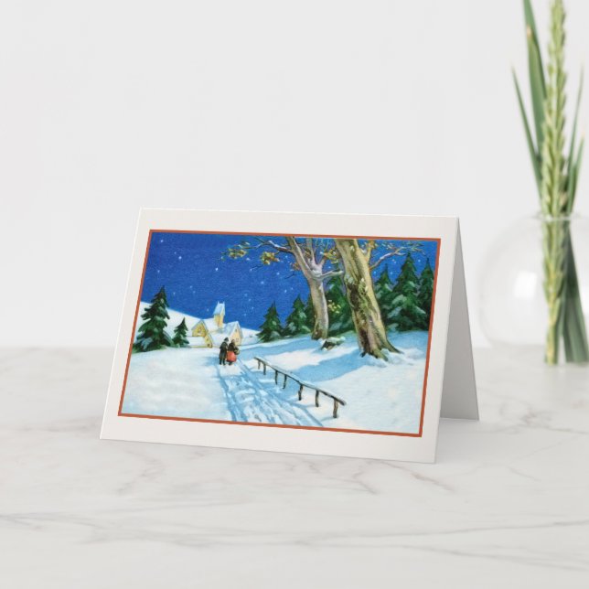 Vintage Christmas elderly couple snow church Holiday Card (Front)