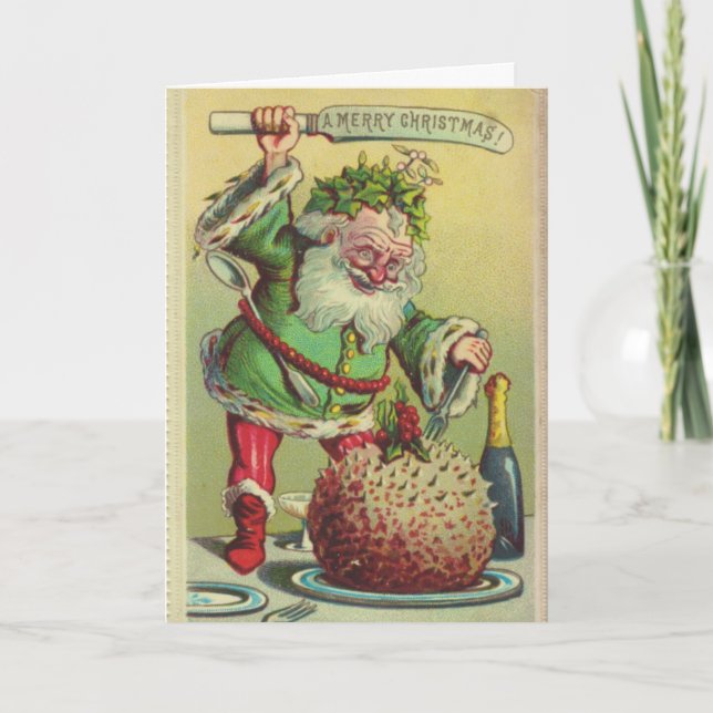 Vintage Christmas Elf & Christmas Pudding, Holiday Card (Front)