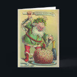 Vintage Christmas Elf & Christmas Pudding, Holiday Card<br><div class="desc">A vintage Christmas card image depicting a hungry Christmas elf standing on top of the dining room table set for Christmas dinner. He wields a large knife etched with the words "A Merry Christmas" over his head and he prepares to cut into the family's Christmas pudding. The message inside the...</div>