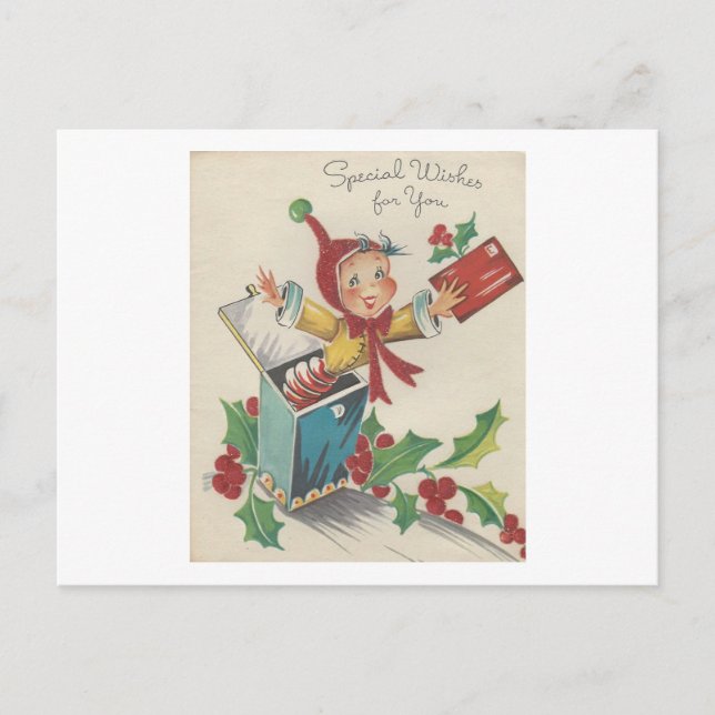 Vintage Christmas Elf In A Box Holiday Postcard (Front)