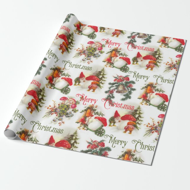 Vintage Christmas Elves And Mushrooms Wrapping Paper (Unrolled)