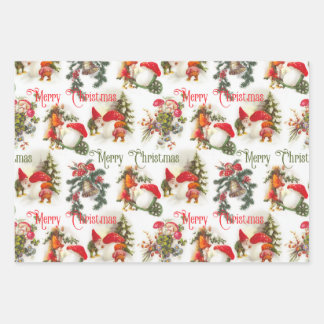 Vintage Christmas Elves And Mushrooms  Wrapping Paper Sheet
