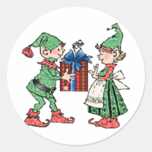 Vintage Christmas Elves Gift Giving Classic Round Sticker