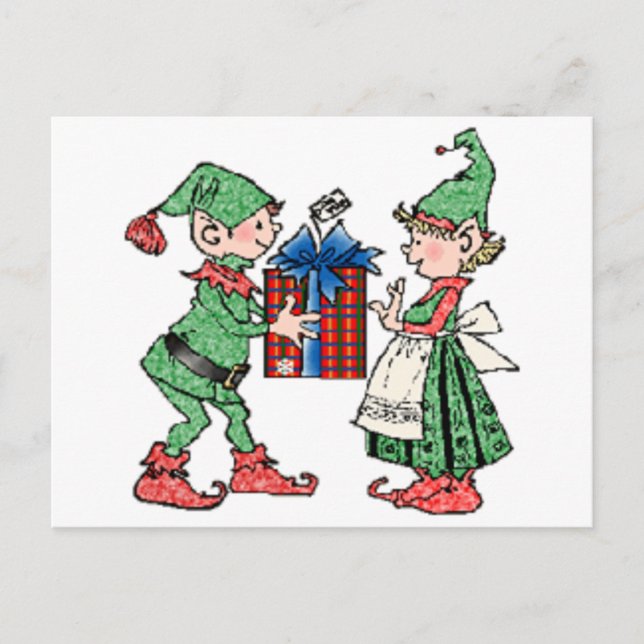 Vintage Christmas Elves Gift Giving Holiday Postcard (Front)