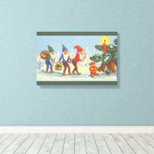 Vintage Christmas, Elves in the Snow Forest Winter Canvas Print