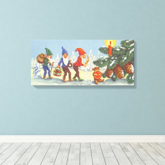Vintage Christmas, Elves in the Snow Forest Winter Canvas Print (Insitu(Wood Floor))