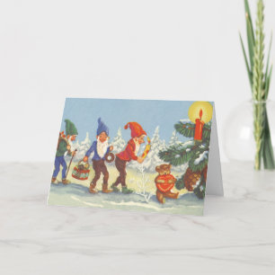 Vintage Christmas, Elves in the Snow Forest Winter Holiday Card