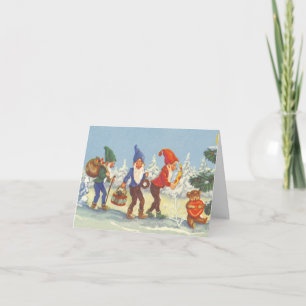 Vintage Christmas, Elves in the Snow Forest Winter Holiday Card