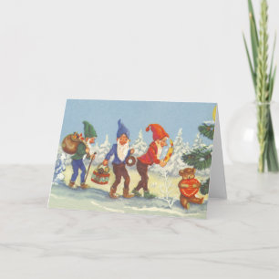 Vintage Christmas, Elves in the Snow Forest Winter Holiday Card