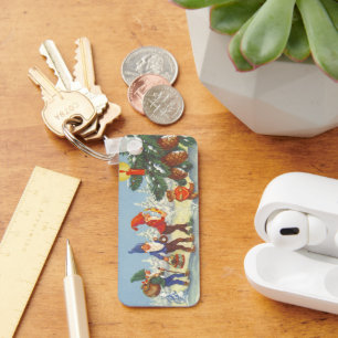 Vintage Christmas, Elves in the Snow Forest Winter Key Ring