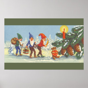 Vintage Christmas, Elves in the Snow Forest Winter Poster
