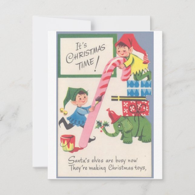 Vintage Christmas Elves Making Toys Holiday Card (Front)