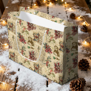 Vintage Christmas Ephemera, Holly & Ornate Text Large Gift Bag