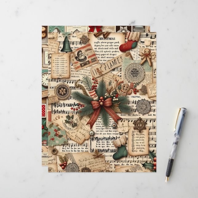 Vintage Christmas Ephemera Scrapbook Paper (Front/Back In Situ)