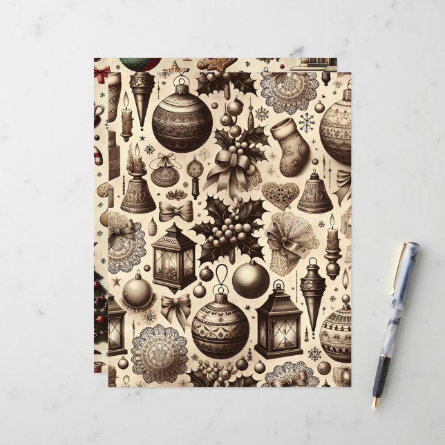 Vintage Christmas Ephemera Scrapbook Paper (Front/Back In Situ)