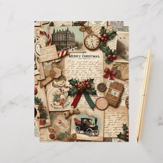 Vintage Christmas Ephemera Scrapbook Paper (Front/Back In Situ)