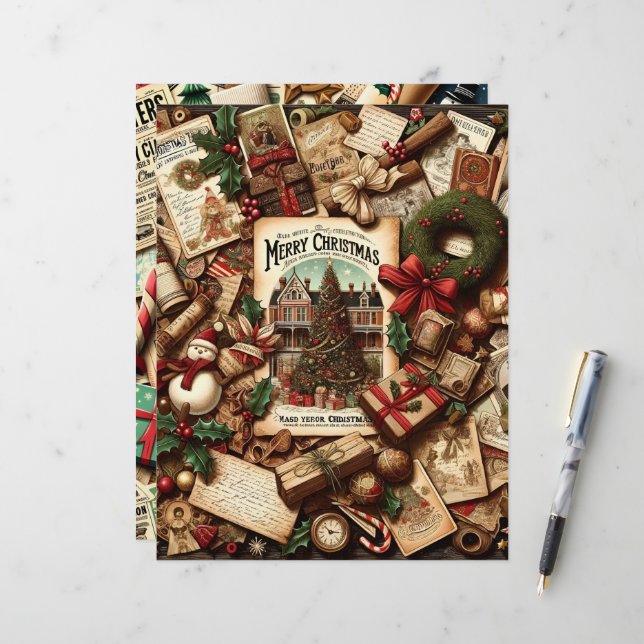 Vintage Christmas Ephemera Scrapbook Paper (Front/Back In Situ)