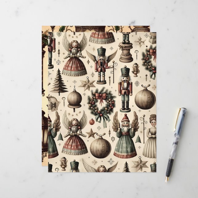 Vintage Christmas Ephemera Scrapbook Paper (Front/Back In Situ)