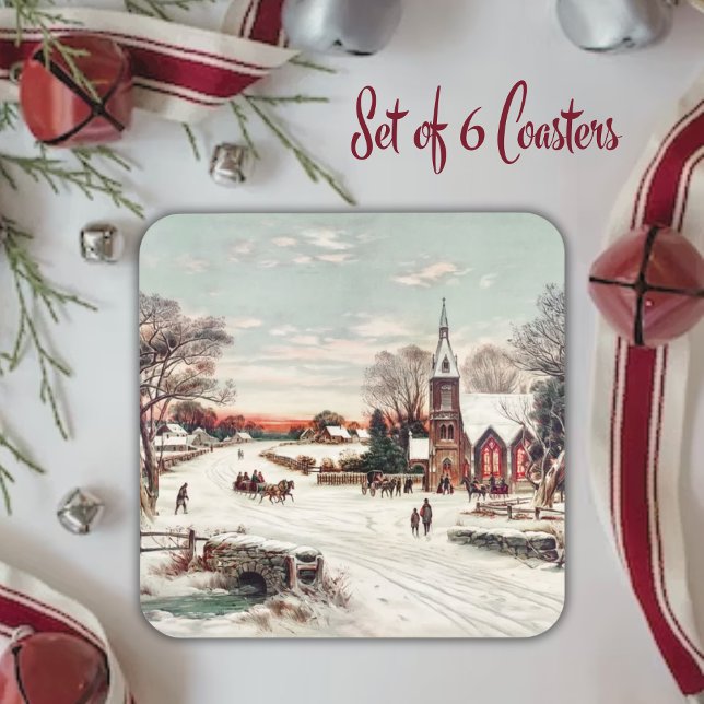 Vintage Christmas Eve Church in Snow Coaster (Vintage Christmas Eve Church in Snow Beverage Coaster)