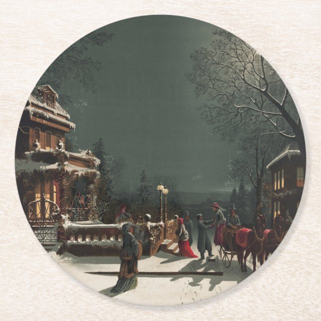 Vintage Christmas Eve Party Round Paper Coaster (Front)