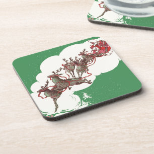 Vintage Christmas Eve, Retro Santa Claus in Sleigh Coaster