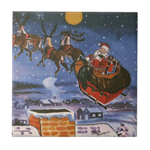 Vintage Christmas Eve, Santa Claus Flying Sleigh Tile