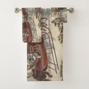 Vintage Christmas Eve Victorian Santa Claus Sleigh Bath Towel Set