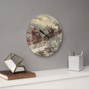 Vintage Christmas Eve Victorian Santa Claus Sleigh Large Clock