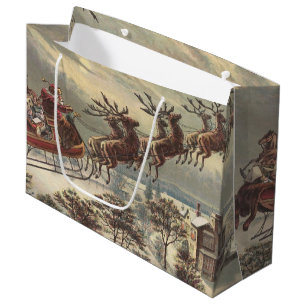 Vintage Christmas Eve Victorian Santa Claus Sleigh Large Gift Bag