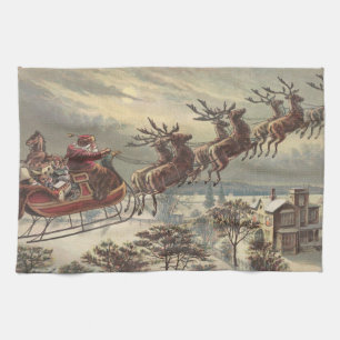 Vintage Christmas Eve Victorian Santa Claus Sleigh Tea Towel