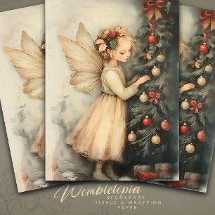 Vintage Christmas Fairy Decorating Tree Decoupage Tissue Paper