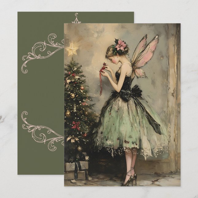 Vintage Christmas Fairy in Green Decorating Tree Holiday Card (Front/Back)