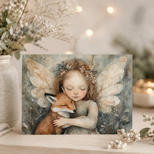 Vintage Christmas Fairy with Fox Whimsical Winter Holiday Card