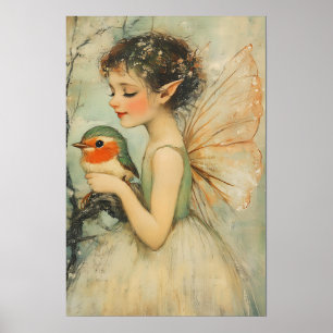 Vintage Christmas Fairy with Robin Whimsical  Poster