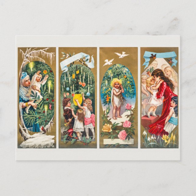 Vintage Christmas Families and Christmas Trees Holiday Postcard (Front)