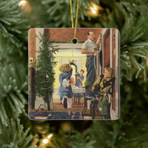 Vintage Christmas, Family Decorating the House Ceramic Tree Decoration
