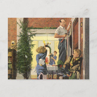 Vintage Christmas, Family Decorating the House Holiday Postcard