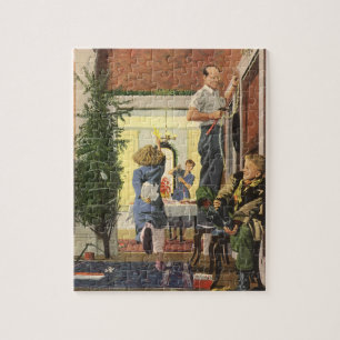 Vintage Christmas, Family Decorating the House Jigsaw Puzzle