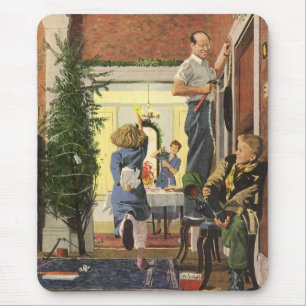 Vintage Christmas, Family Decorating the House Mouse Mat