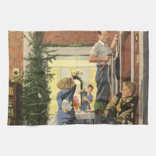 Vintage Christmas, Family Decorating the House Tea Towel