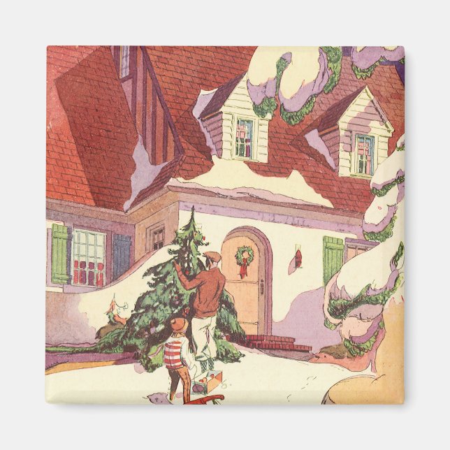 Vintage Christmas, Family House in the Snow Magnet (Front)
