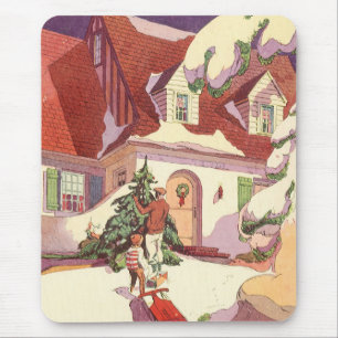 Vintage Christmas, Family House in the Snow Mouse Mat