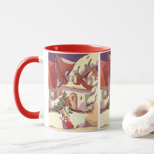 Vintage Christmas, Family House in the Snow Mug (With Donut)